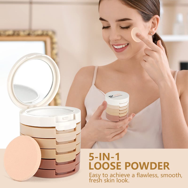 FantasyDay 5 Colors Long-Lasting Lightweight Multi-layer Matte Loose Setting Powder Pressed Face Makeup Concealing Shading Powder Foundation for All Skin Tones, Minimizes Fine Lines & Imperfections - Image 4